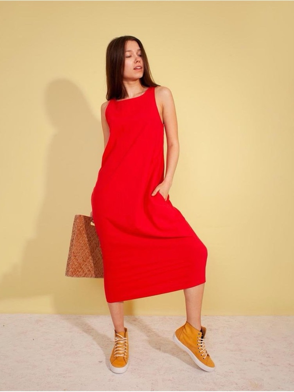 L.F Markey Red Sleeveless Midi Dress with Pockets